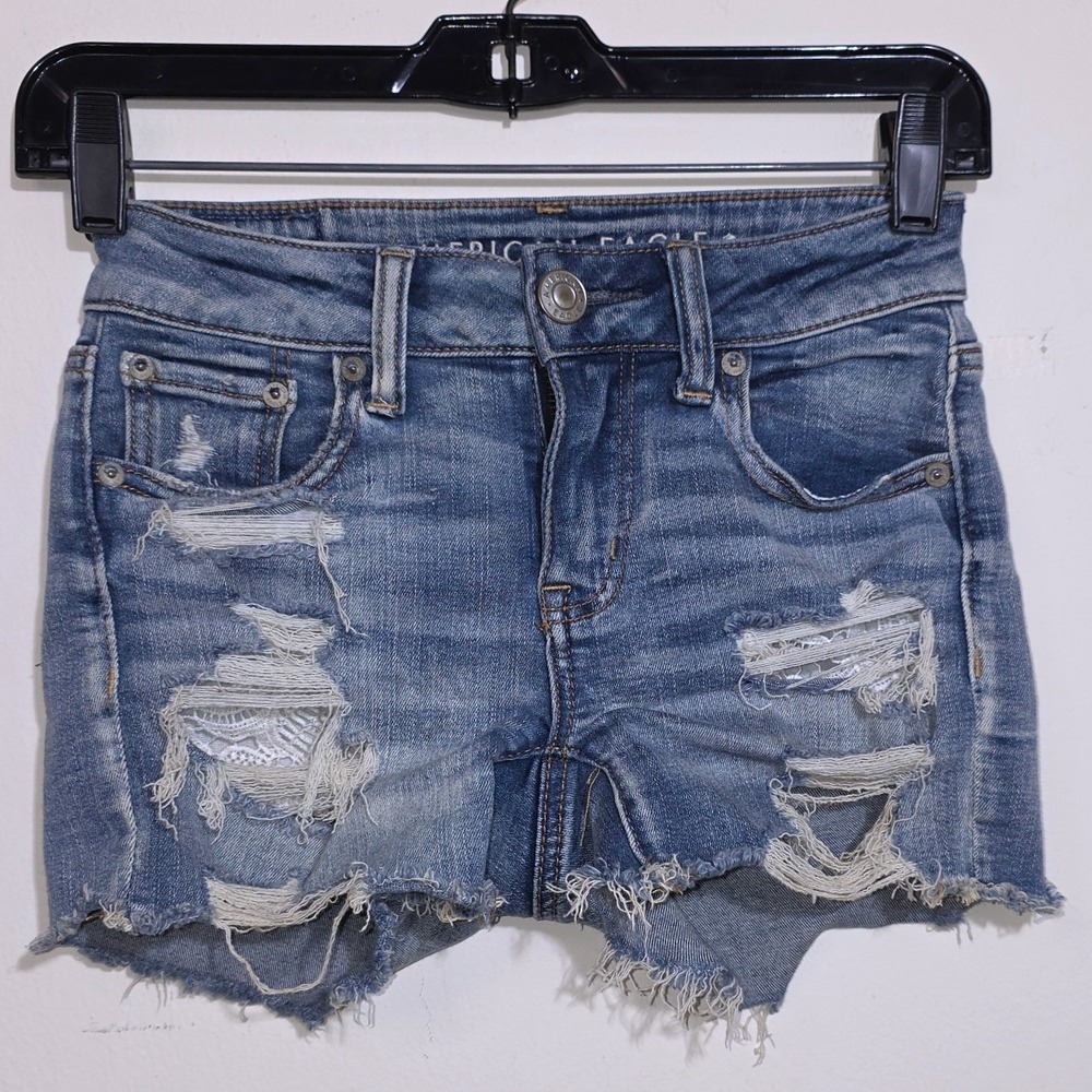 American Eagle Midi Denim Shorts Womens 00 Blue Good Distressed Lace Next Level - Picture 3 of 10